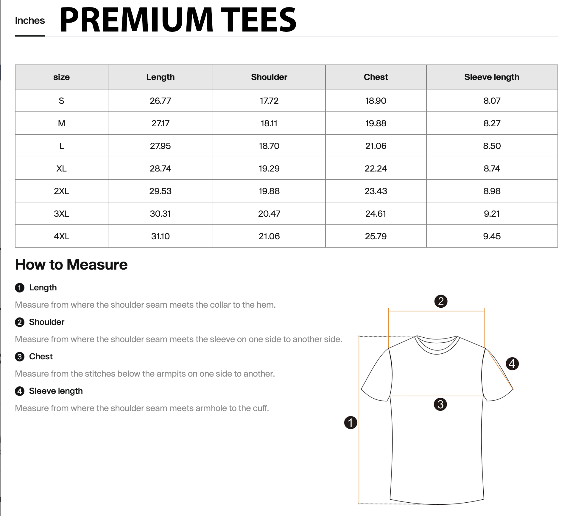 Size Chart - Premium Tees