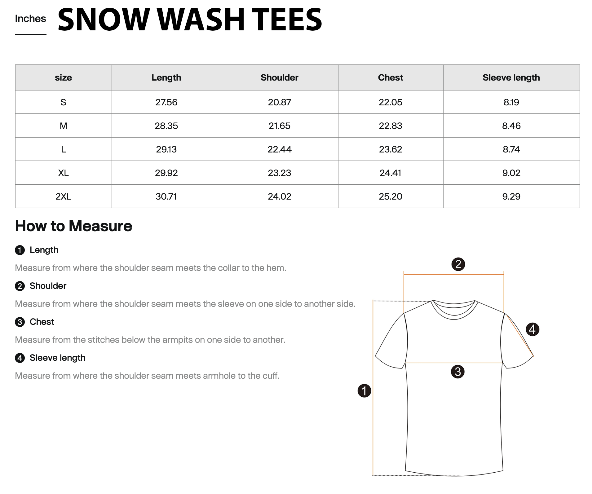 Size Chart - Snow Wash Tees